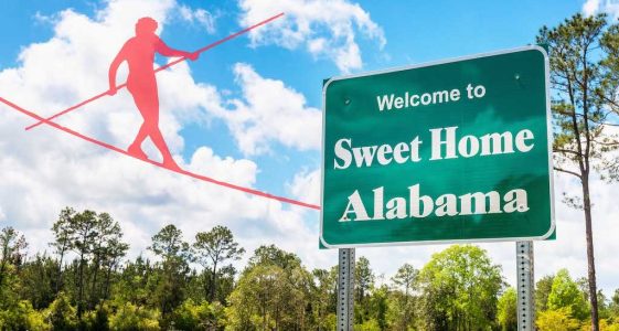 Welcome to Sweet Home Alabama Road Sign along Interstate 10 in Robertsdale, Alabama USA, near the State Border with Florida