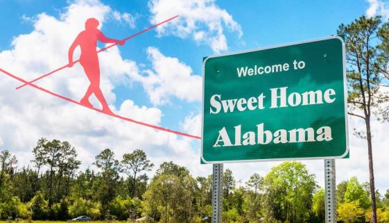 Welcome to Sweet Home Alabama Road Sign along Interstate 10 in Robertsdale, Alabama USA, near the State Border with Florida