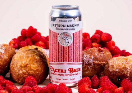 Eastern Market Brewing Co.'s 2025 Raspberry Pączki Beer, a rich pastry-inspired ale with raspberry and vanilla cream, available for pre-order ahead of the annual Pączki Block Party in Detroit.